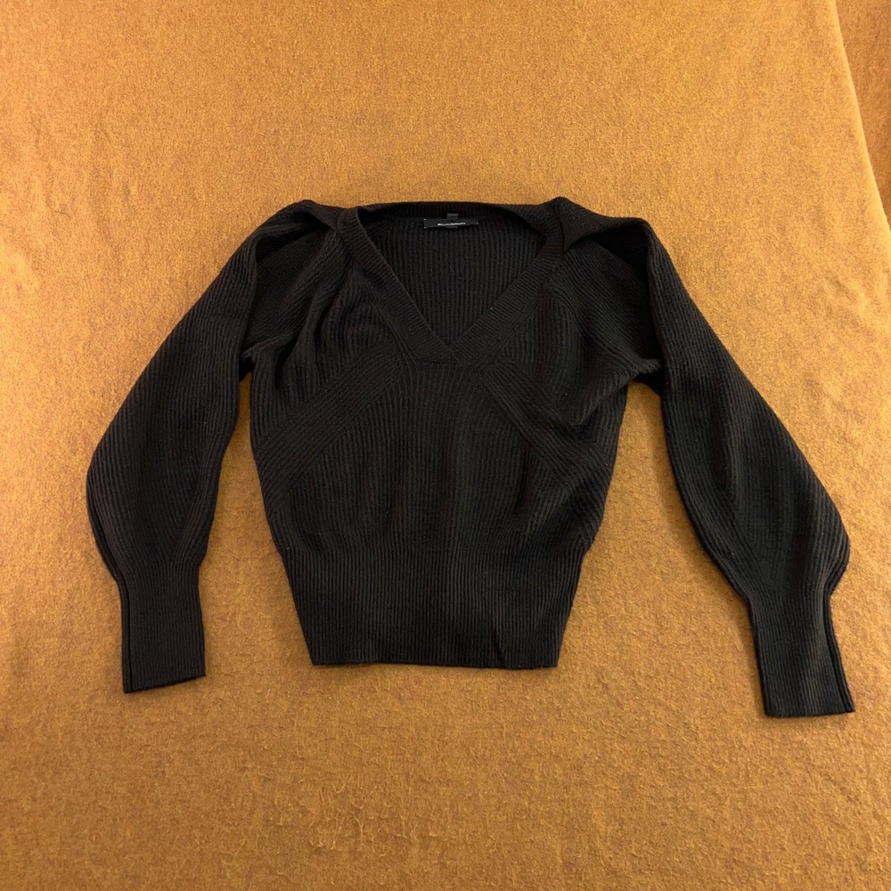 White House Black Market Womens S Black Puff Sleeve V-Neck Ribbed Knit Sweater